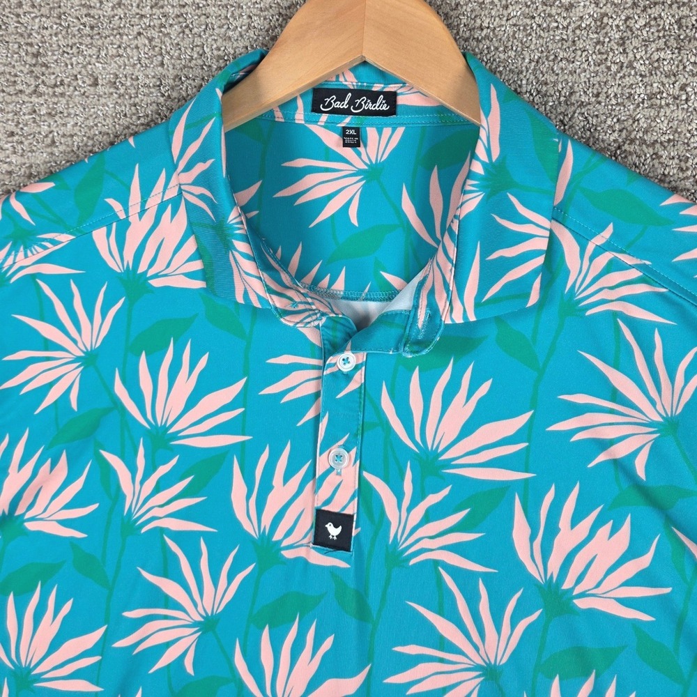 Bad Birdie Mens 2XL Blue Pink Floral Golf Polo Shirt Short Sleeve Performance